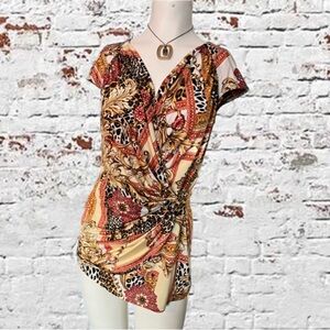 Cache Mixed Animal Print Short Sleeve Wrap Top, Small